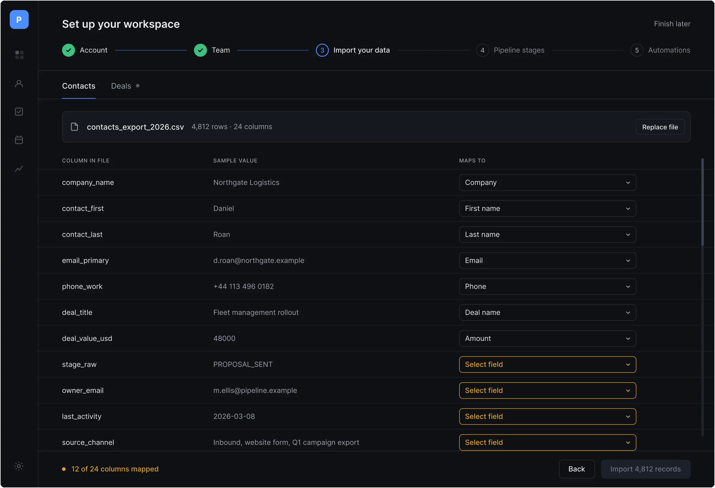 The import step of CRM setup: a mapping form for a 24-column file where half the columns still have to be matched by hand before the import can run