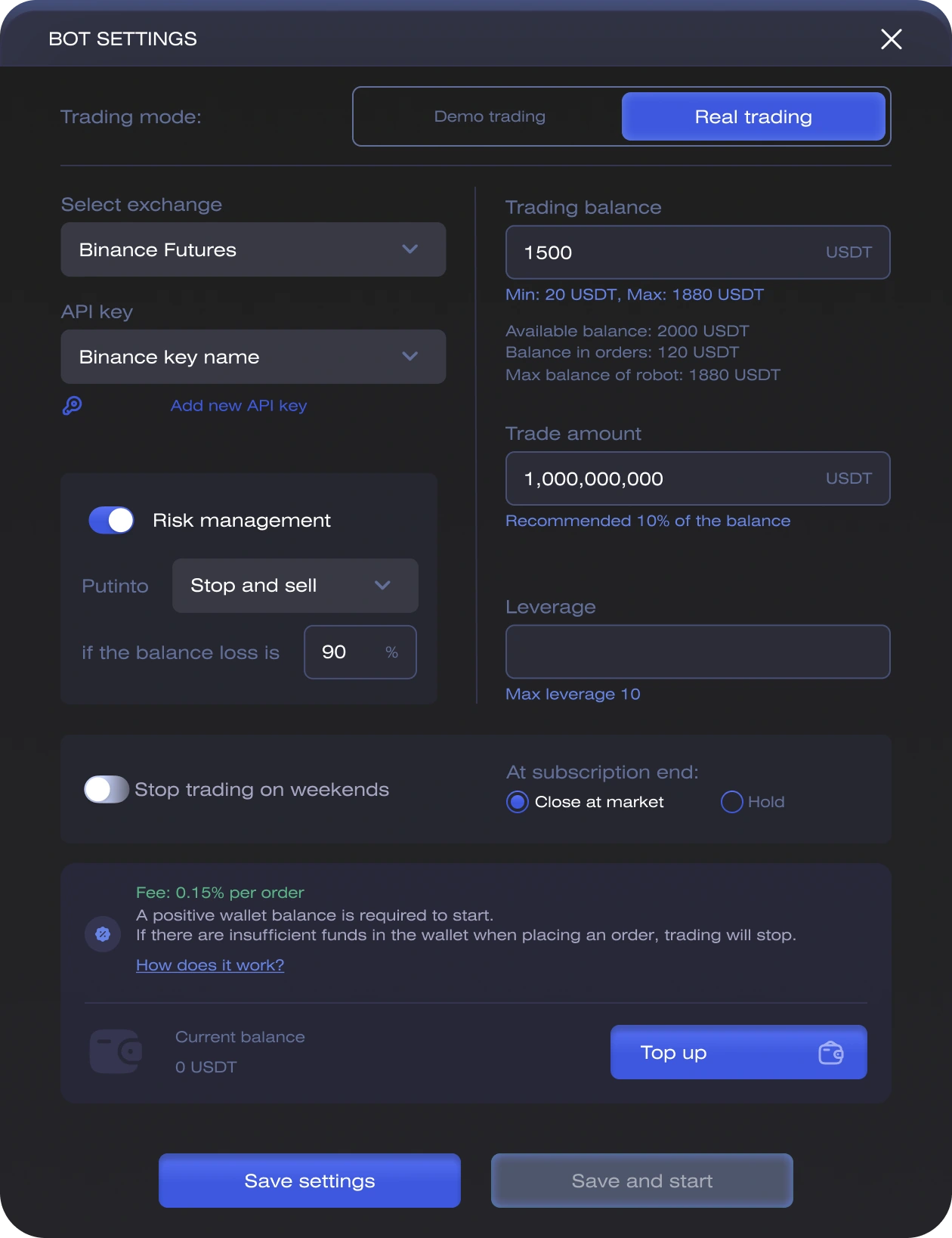 Full bot settings — trading mode, exchange and API key, risk management with a stop-and-sell rule, trading balance limits, leverage ceiling, fee and required wallet balance