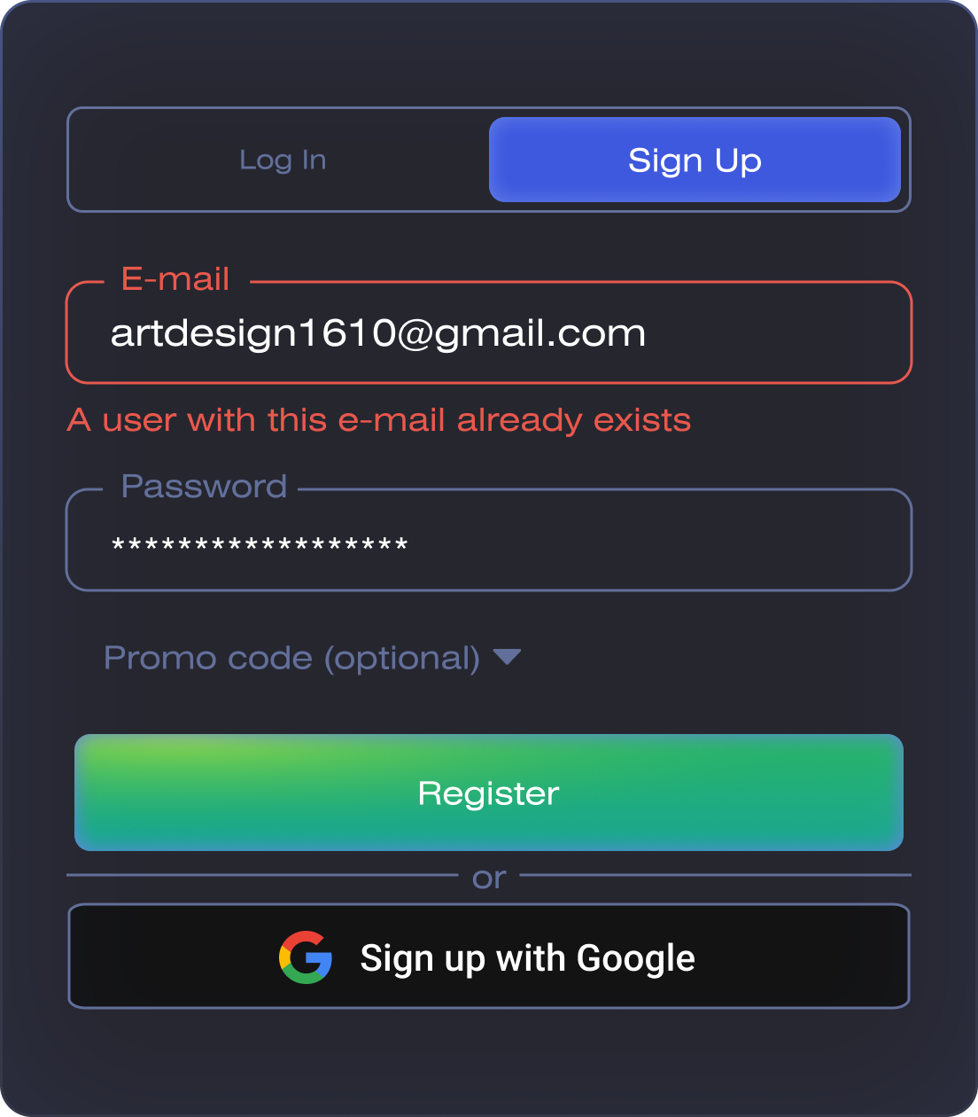 Mobile sign-up — email and password with inline validation, an optional promo code, and sign-up with Google