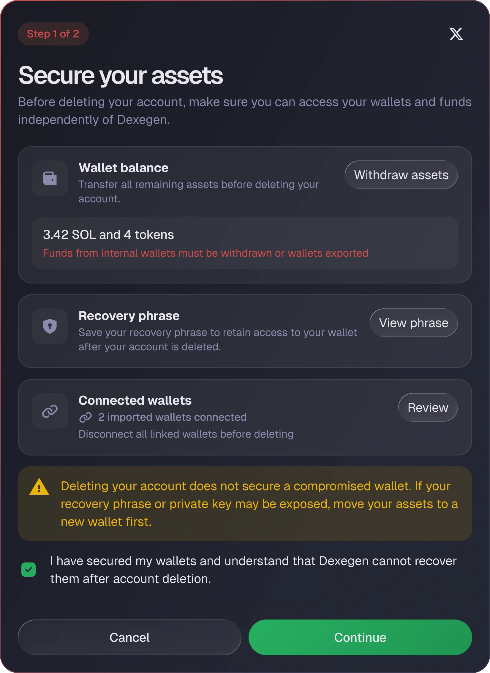 Step one of account deletion secures assets and warns that deletion does not rescue a compromised wallet
