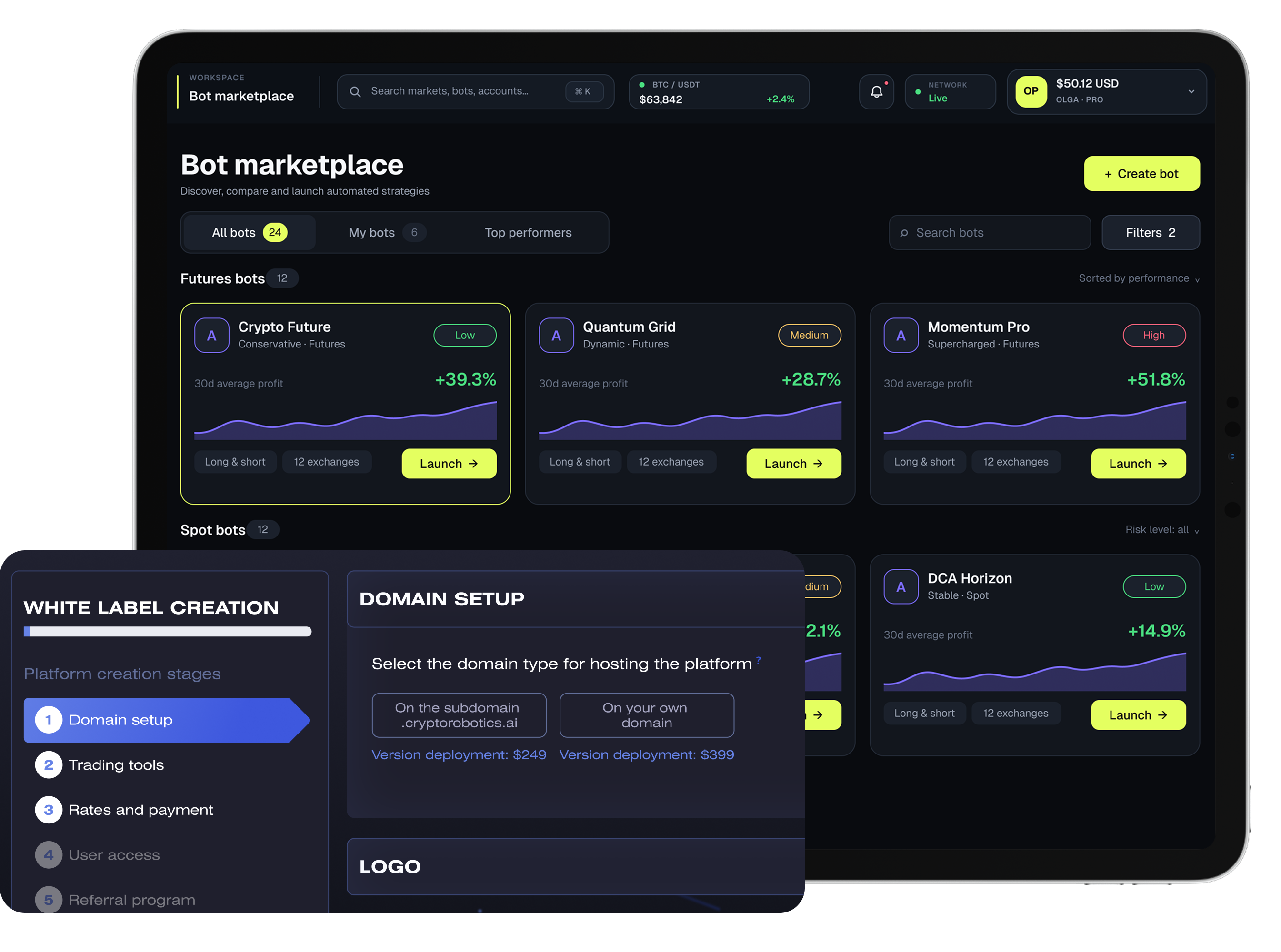 A partner platform launched on the white-label — its own branded bot marketplace on a tablet, with the six-stage white-label creation wizard open in front of it