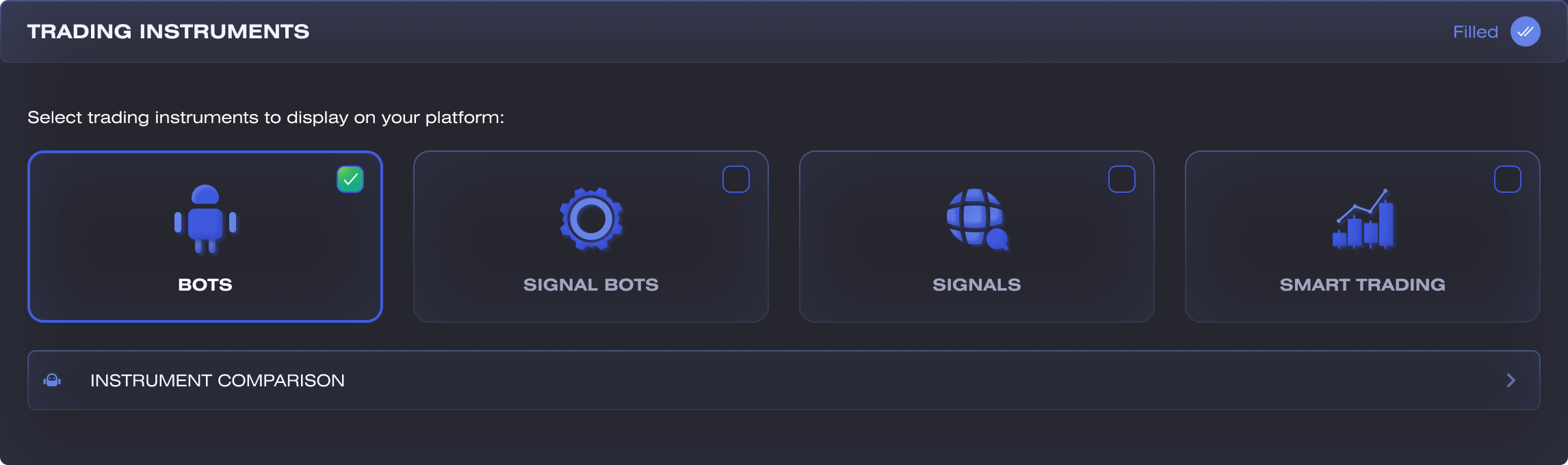 Trading instruments step — four selectable cards for bots, signal bots, signals and smart trading, with a link to an instrument comparison