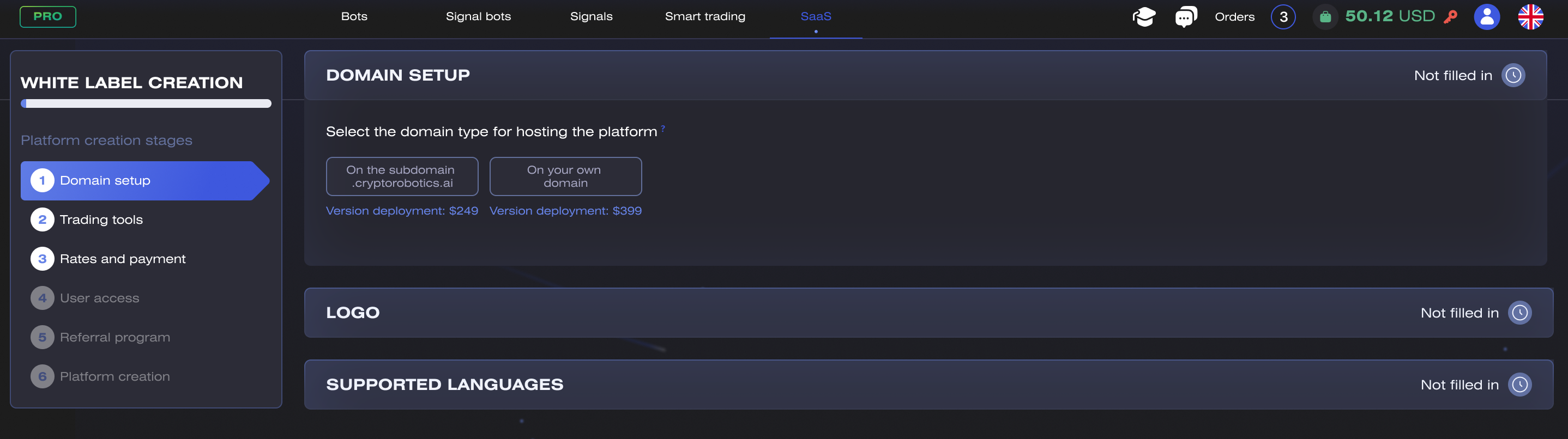 White Label Creation wizard — a six-stage sidebar showing domain setup, trading tools, rates and payment, user access, referral program and platform creation, with the domain step open and two priced options